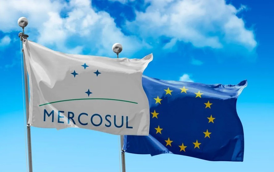 Bandeiras do Mercosul e Suíça em negociação comercial para o agronegócio