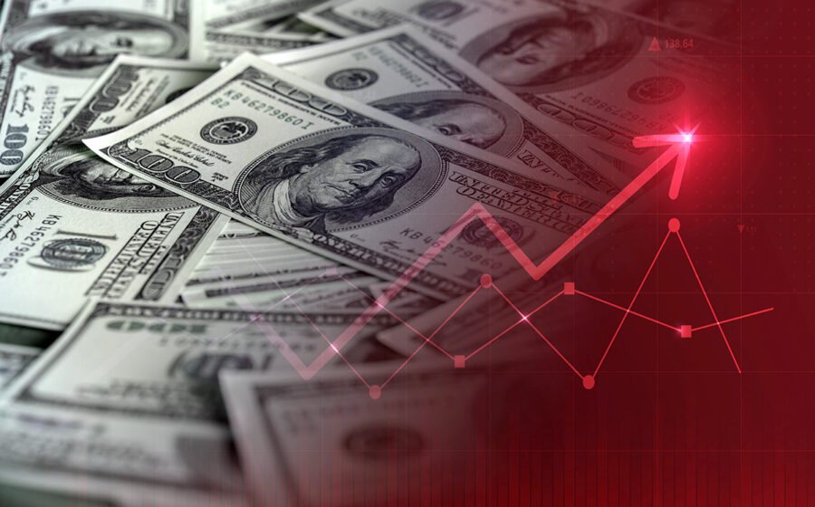 Gráfico de alta do dólar com moedas americanas e sinal do Banco Central