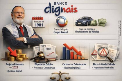 Logo do Banco Digimais com gráfico de queda e selo de rebaixamento pela Fitch Ratings
