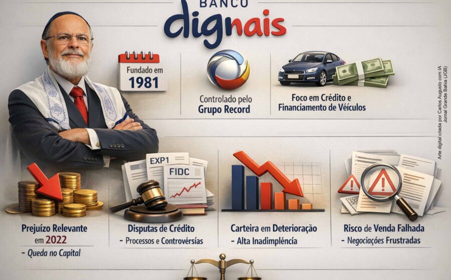 Logo do Banco Digimais com gráfico de queda e selo de rebaixamento pela Fitch Ratings