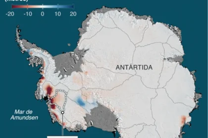 Mapa da Antártica com dados de temperatura e aquecimento global