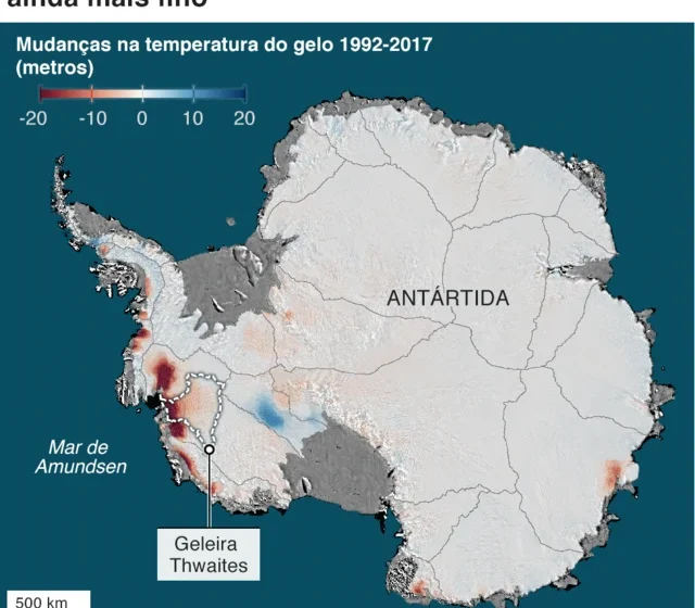 Mapa da Antártica com dados de temperatura e aquecimento global