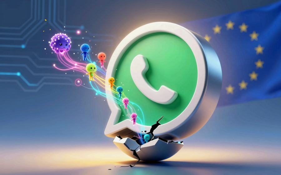 Logo do WhatsApp e símbolo de IA sob regulamentação da União Europeia
