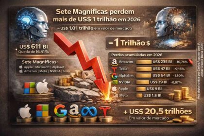 Grafismo de alta volatilidade na Bolsa de Nova York com perdas na Alphabet e Tesla.