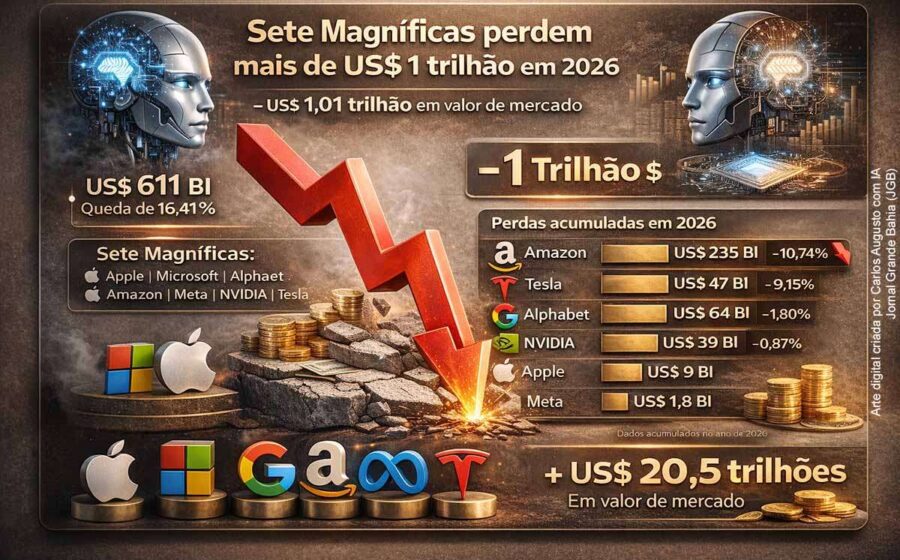 Grafismo de alta volatilidade na Bolsa de Nova York com perdas na Alphabet e Tesla.