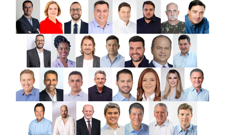 Urna eletrônica e mapa do Paraná com oito silhuetas de candidatos sob título eleitoral