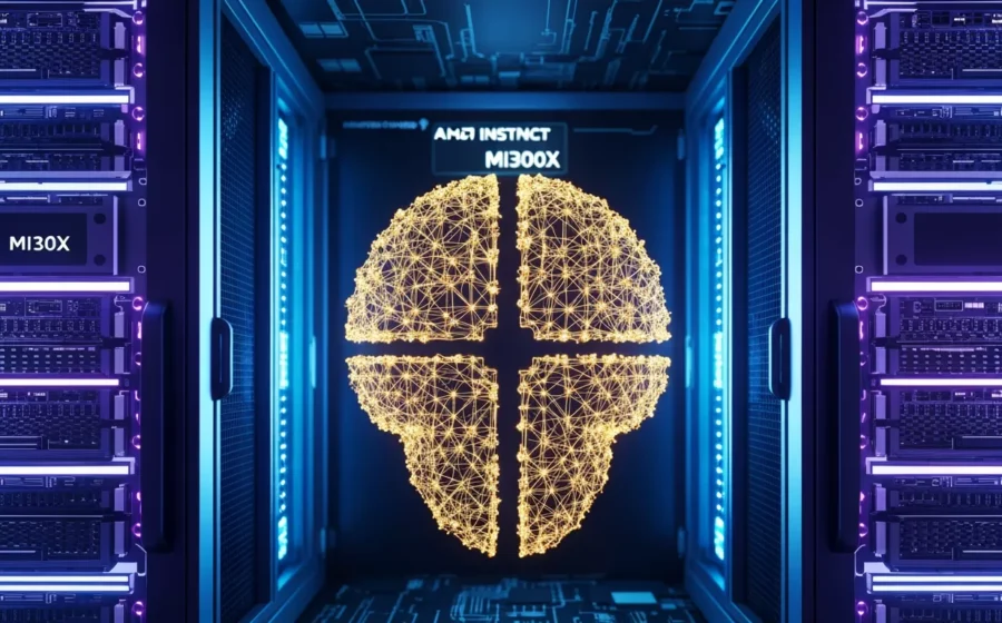 Logotipo da AMD com gráfico de ações subindo para US$ 1 trilhão em valor de mercado