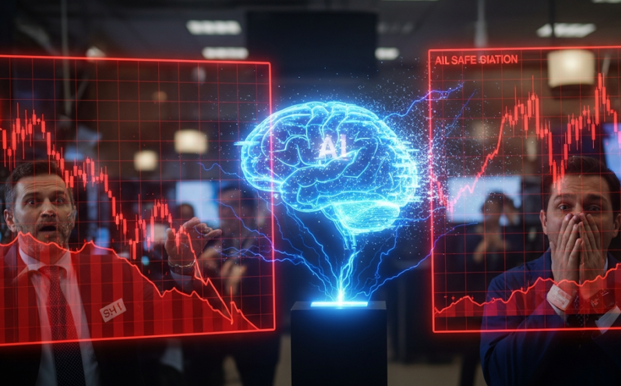 Gráfico de ações de tecnologia em queda livre com ícones de inteligência artificial