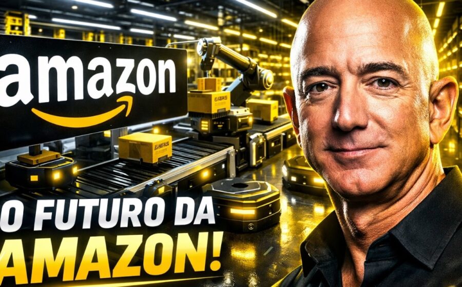 Centro logístico da Amazon no Brasil com frota de entregas e mapa do Brasil ao fundo