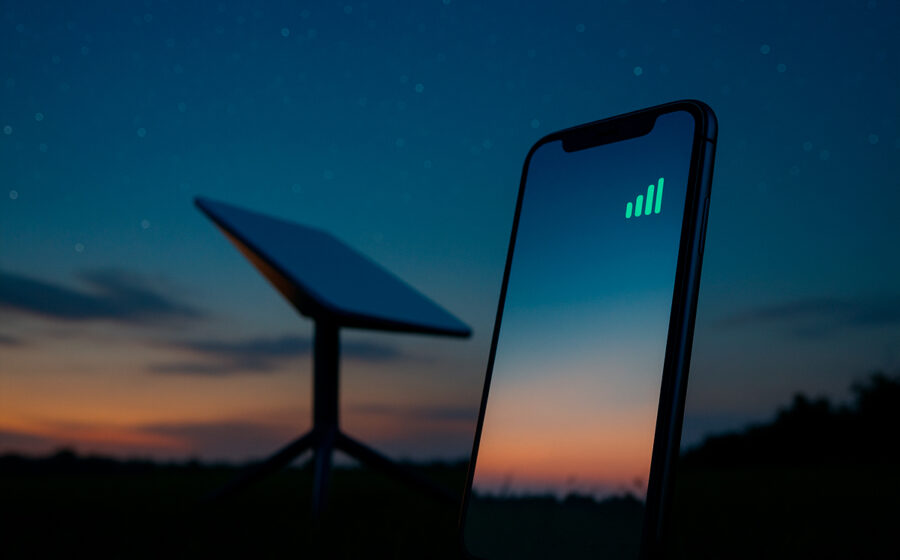 Celular comum conectado a satélite Starlink no espaço, símbolo da tecnologia Direct-to-Device da Vivo no Brasil