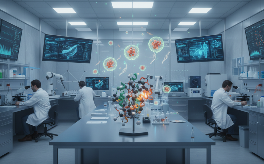 Laboratório de biologia da Anthropic com pesquisadores e equipamentos de IA