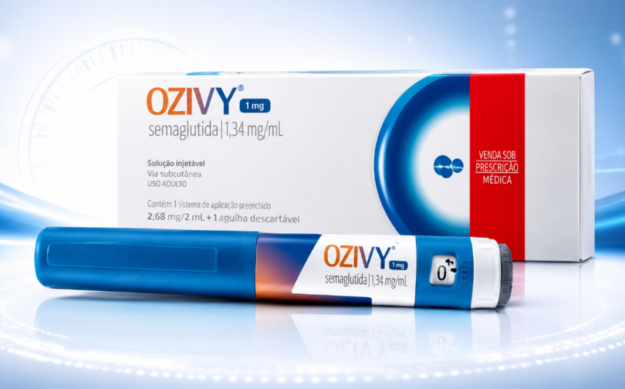 Caneta injetável Semavy com símbolo de proibição e logotipo da Anvisa sobre fundo de regulamento sanitário