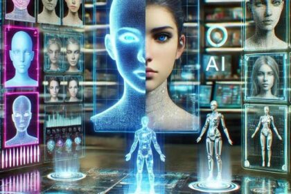 Avatar digital realista representando influenciador sintético criado por IA em fábrica de conteúdo automatizado