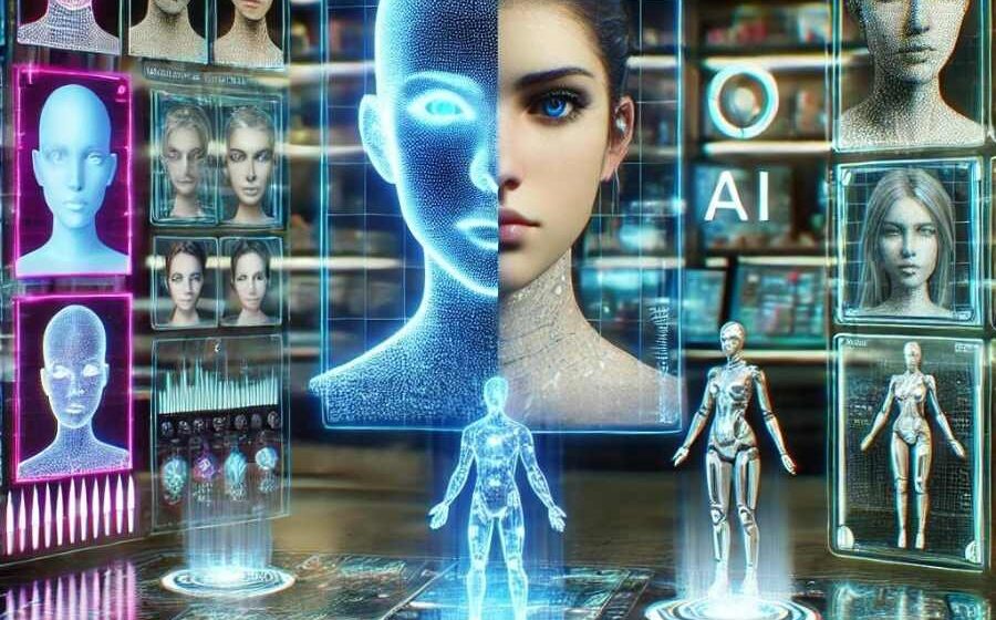 Avatar digital realista representando influenciador sintético criado por IA em fábrica de conteúdo automatizado