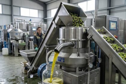Garrafa de azeite Sabiá premiada no Flos Olei 2027 sobre mesa de degustação