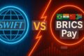 Líderes do BRICS apertam as mãos simbolizando novo sistema de pagamentos BRICS Pay conectando Pix, UPI e Mir