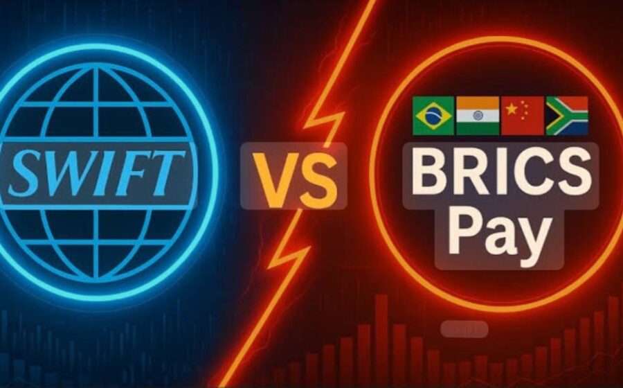 Líderes do BRICS apertam as mãos simbolizando novo sistema de pagamentos BRICS Pay conectando Pix, UPI e Mir