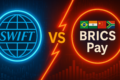 Logos do BRICS Pay, Pix, UPI e Mir conectados simbolizando integração de pagamentos em moedas locais