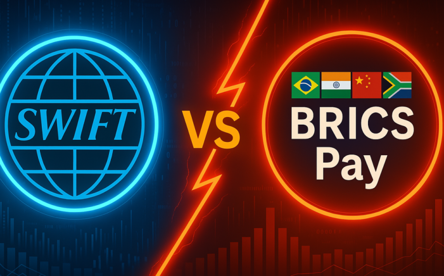 Logos do BRICS Pay, Pix, UPI e Mir conectados simbolizando integração de pagamentos em moedas locais