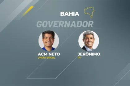 Mapa da Bahia com 6 silhuetas de candidatos e ícones de urna eletrônica sobre 11,3 milhões de eleitores