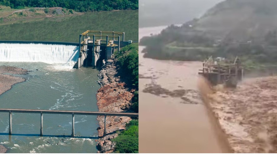 Barragem Arroio São Luiz em São Marcos RS com fissuras visíveis e nível alto da água