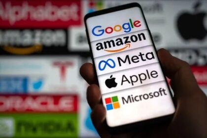 Ilustração de data centers e chips de IA com símbolos financeiros representando dívidas ocultas de big techs