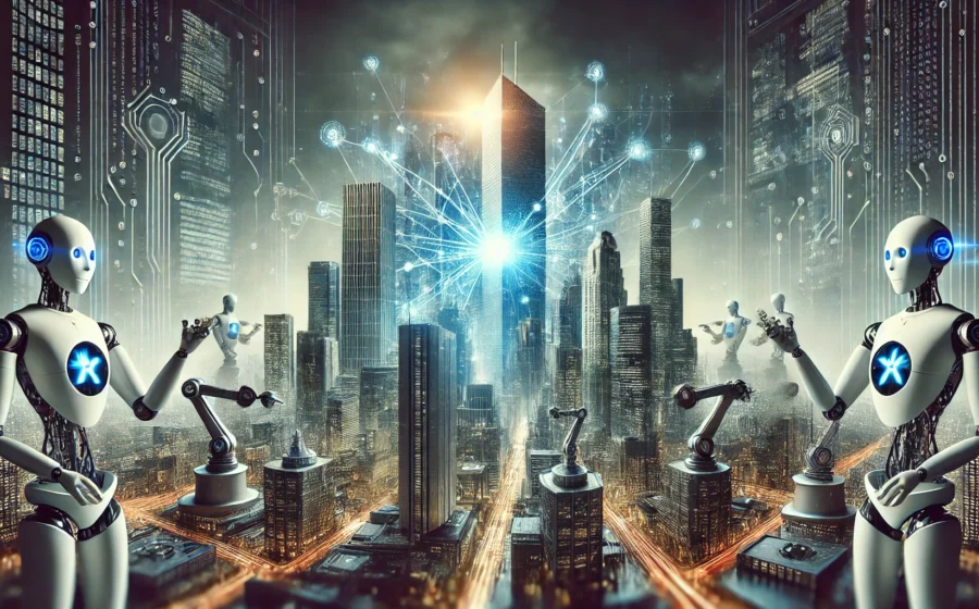 Executivos de big techs manipulando marionetes de startups de IA com fios invisíveis, simbolizando controle sem aquisição