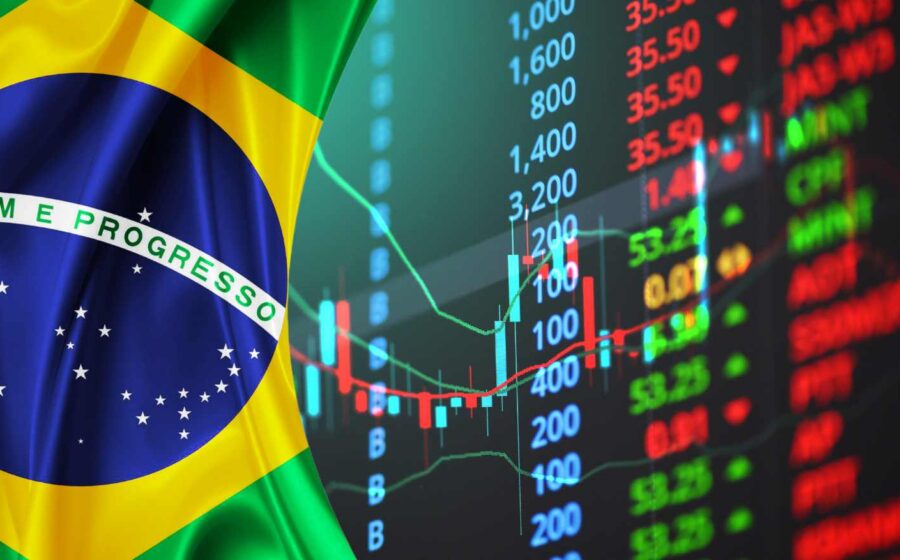 Gráfico de alta da bolsa brasileira com logos JPMorgan, Goldman Sachs e Global X indicando oportunidade de 28%