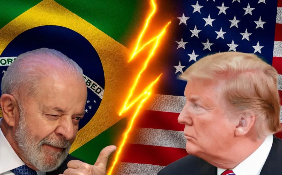 Ministros do Brasil e EUA apertam as mãos sob bandeiras dos dois países em reunião bilateral sobre tarifas