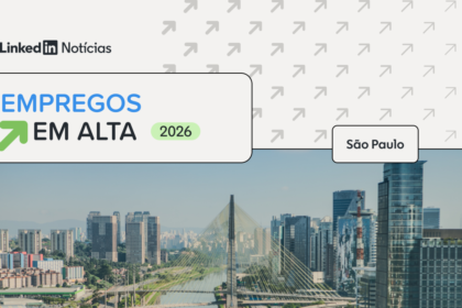 Trabalhadores brasileiros diversos em cenário urbano com gráficos de emprego e ícones de IA