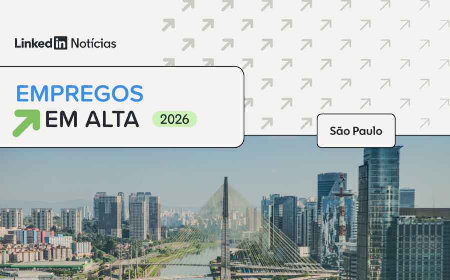 Trabalhadores brasileiros diversos em cenário urbano com gráficos de emprego e ícones de IA