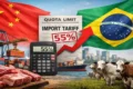 Caminhões frigoríficos parados em pátio com bandeiras Brasil e China ao fundo