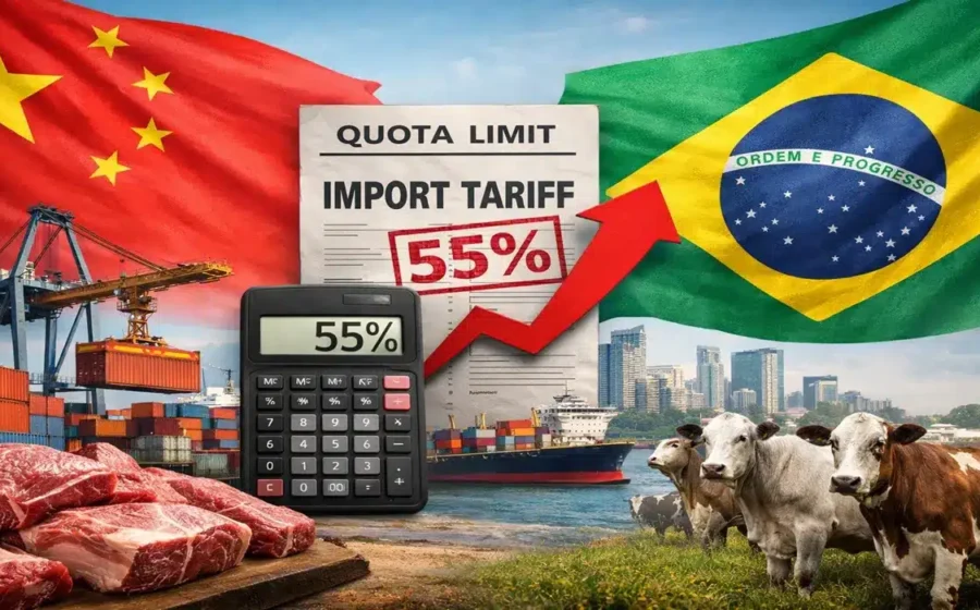 Caminhões frigoríficos parados em pátio com bandeiras Brasil e China ao fundo