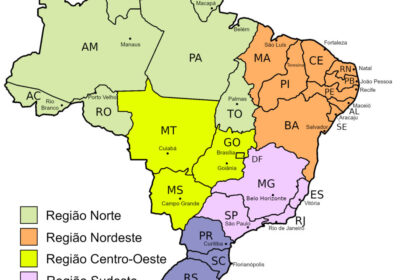 Mapa do Brasil destacando Norte, Nordeste e Centro-Oeste com ícones de infraestrutura e bandeira da França