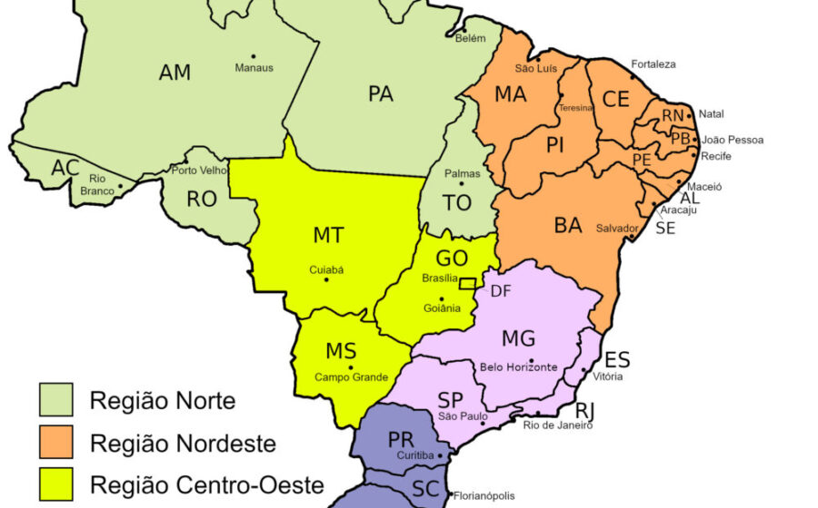 Mapa do Brasil destacando Norte, Nordeste e Centro-Oeste com ícones de infraestrutura e bandeira da França