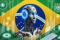 Brasileiro preocupado olhando para ícone de inteligência artificial com gráficos de medo