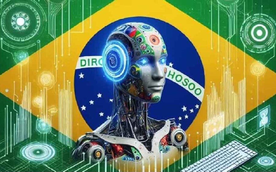 Brasileiro preocupado olhando para ícone de inteligência artificial com gráficos de medo