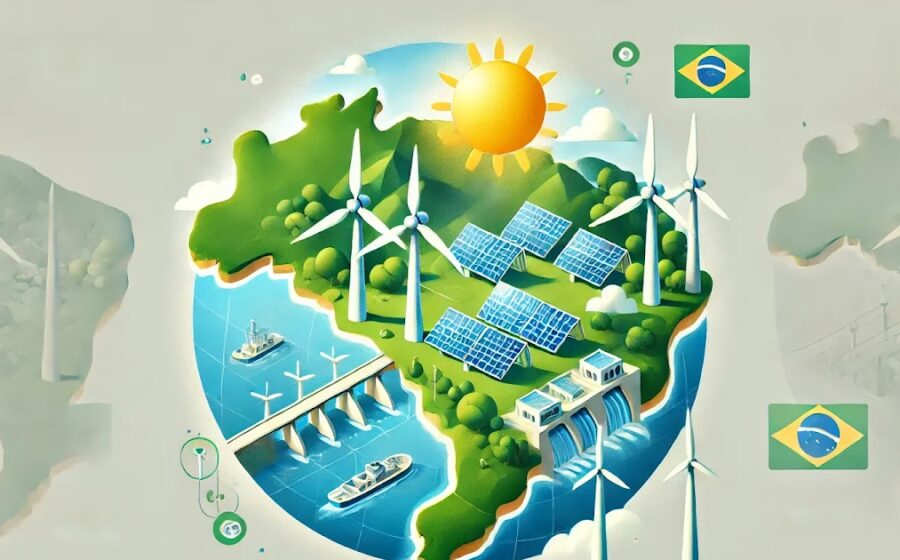 Data center moderno no Brasil com servidores de IA e infraestrutura de energia renovável