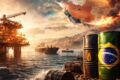Plataforma de petróleo offshore no litoral brasileiro com bandeiras de países participantes de evento do setor