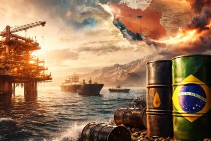 Plataforma de petróleo offshore no litoral brasileiro com bandeiras de países participantes de evento do setor