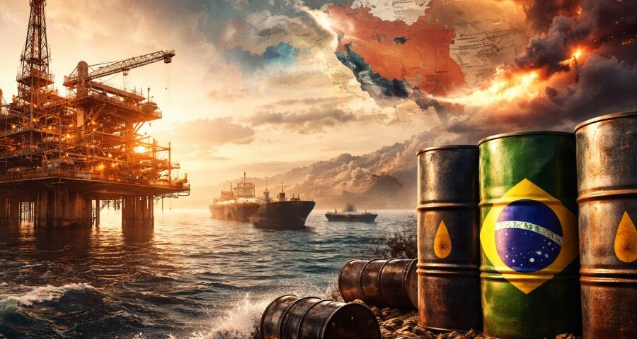 Plataforma de petróleo offshore no litoral brasileiro com bandeiras de países participantes de evento do setor