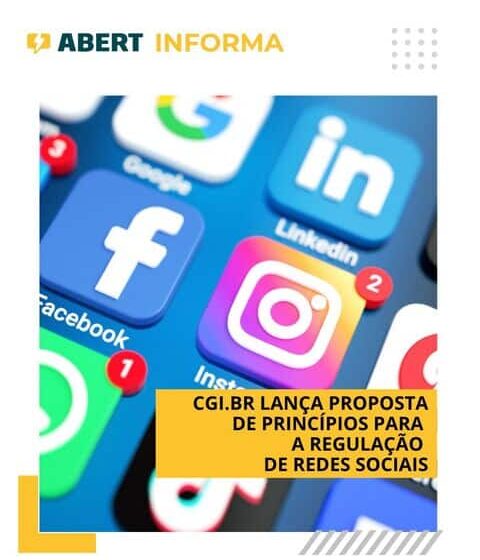 Logotipo do CGI.br sobre fundo com ícones de redes sociais e balança simbolizando regulação assimétrica