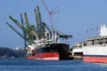 Navios de contêineres MSC e Maersk no Porto de Santos com guindastes operando