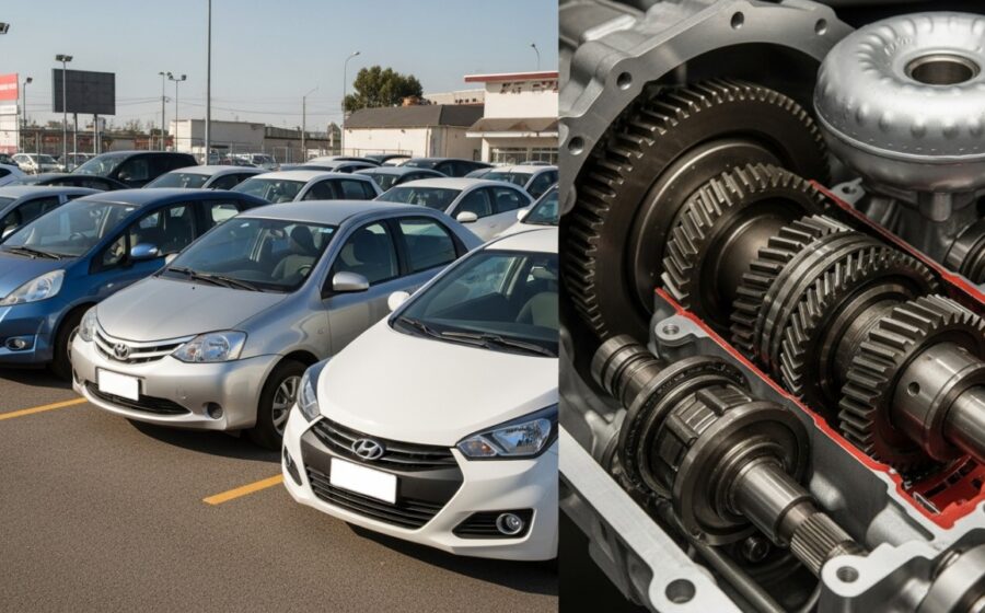 Mecânico inspeciona câmbio automático aberto com engrenagens danificas, simbolizando reparo caro