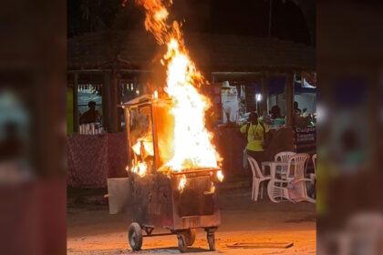 Carrinho de pipoca em chamas na área de alimentação do show de Luan Santana em Goiânia