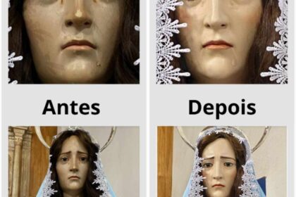 Ilustração de lupa sobre ícone mariano com selo de verificação contestado, simbolizando polêmica de checagem de fatos religiosos