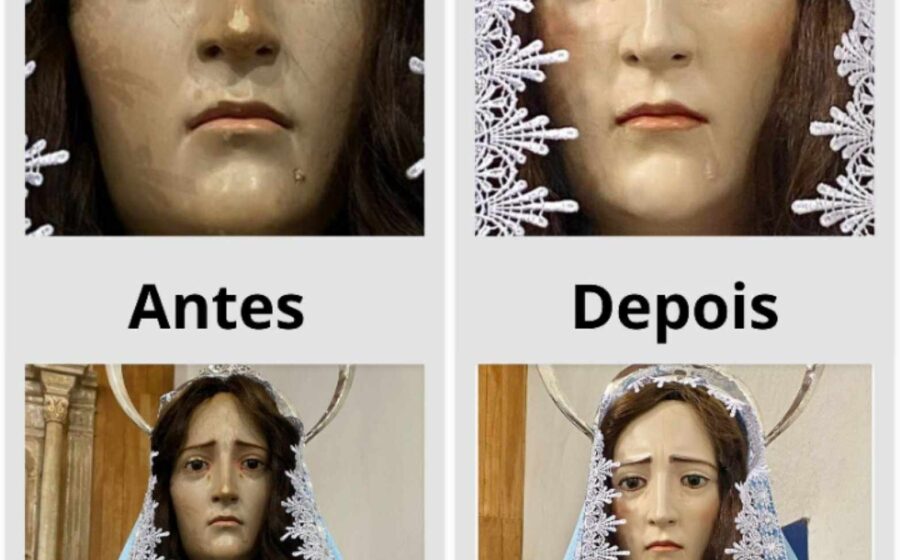Ilustração de lupa sobre ícone mariano com selo de verificação contestado, simbolizando polêmica de checagem de fatos religiosos