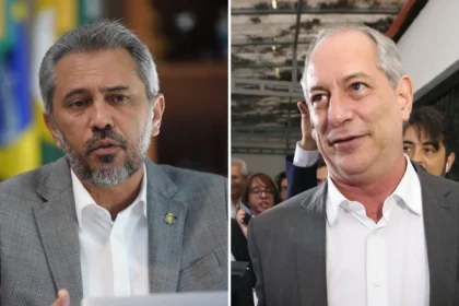 Mapa do Ceará com fotos de Ciro Gomes e Elmano de Freitas, candidatos a governador em 2026