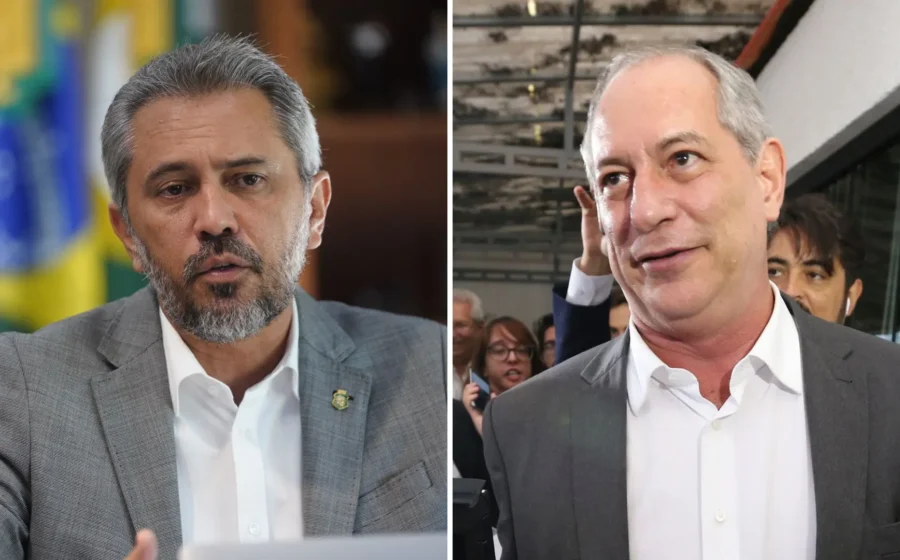 Mapa do Ceará com fotos de Ciro Gomes e Elmano de Freitas, candidatos a governador em 2026
