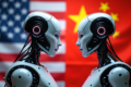 China e EUA em disputa de IA com gráfico de economia chinesa em queda